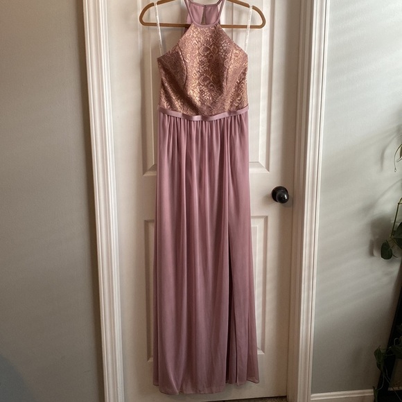 David's Bridal Rose Gold Metallic Open-Back Lace Long Bridesmaid Dress Size 8 - Picture 3 of 14
